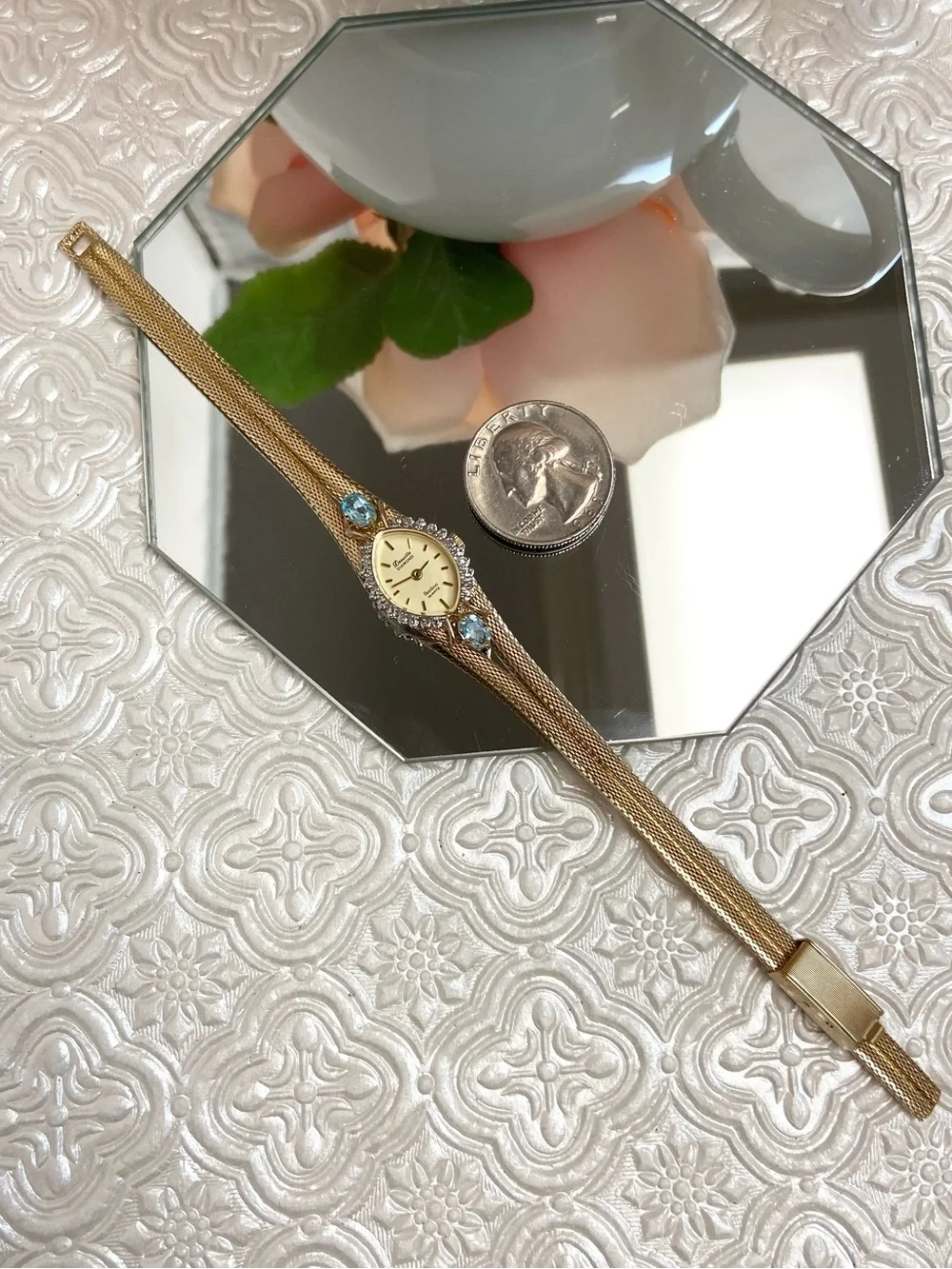 Vintage Deauville Diamond & Blue Topaz Accented Bezel Dainty Cocktail Watch